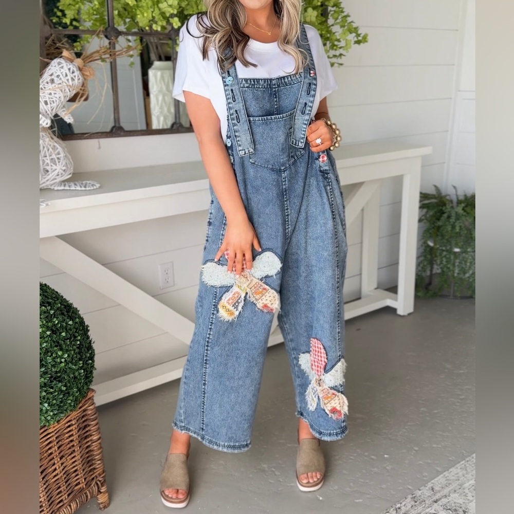 Easel Flower Patch Denim Patchwork Overalls NWT - image 1